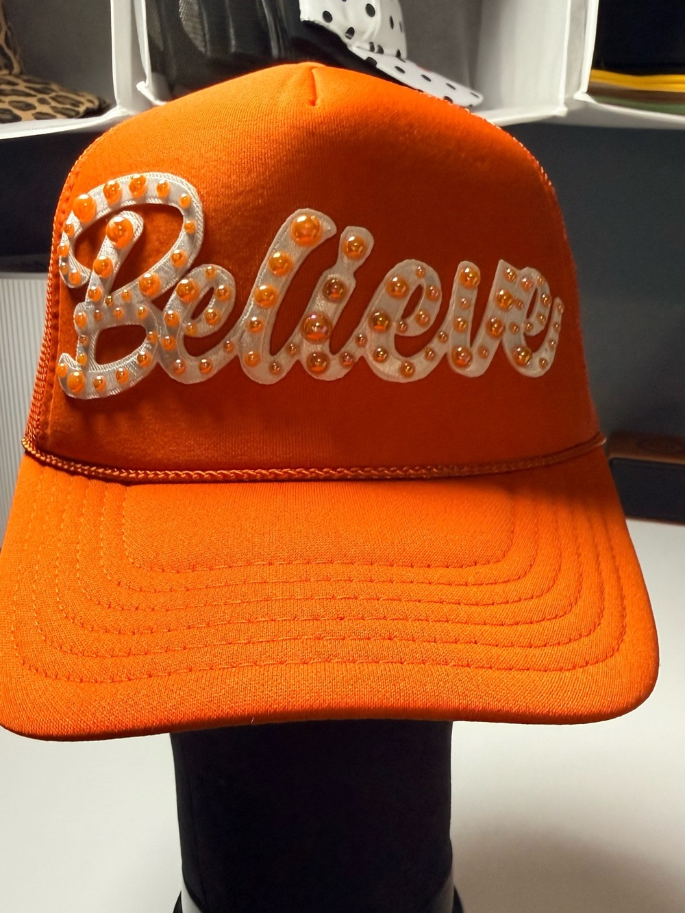 Orange “Believe” Embellished Trucker Cap